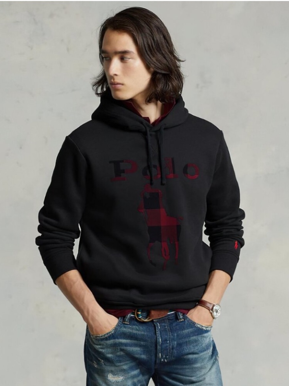 Polo Ralph Lauren Men's Slim Fit Checked Big Pony Logo Fleece Hoodie Black